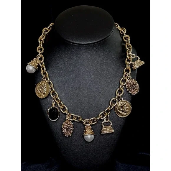 Vintage Victorian Revival Charm Necklace Chunky Rolo Chain Coins Pearls Goldtone - Picture 4 of 10